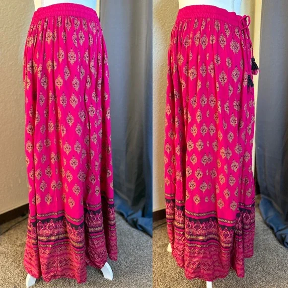 Easybuy Fuchsia Pink Gold Block Print Tassel Maxi Skirt Womens XL Boho Rayon - Picture 3 of 8